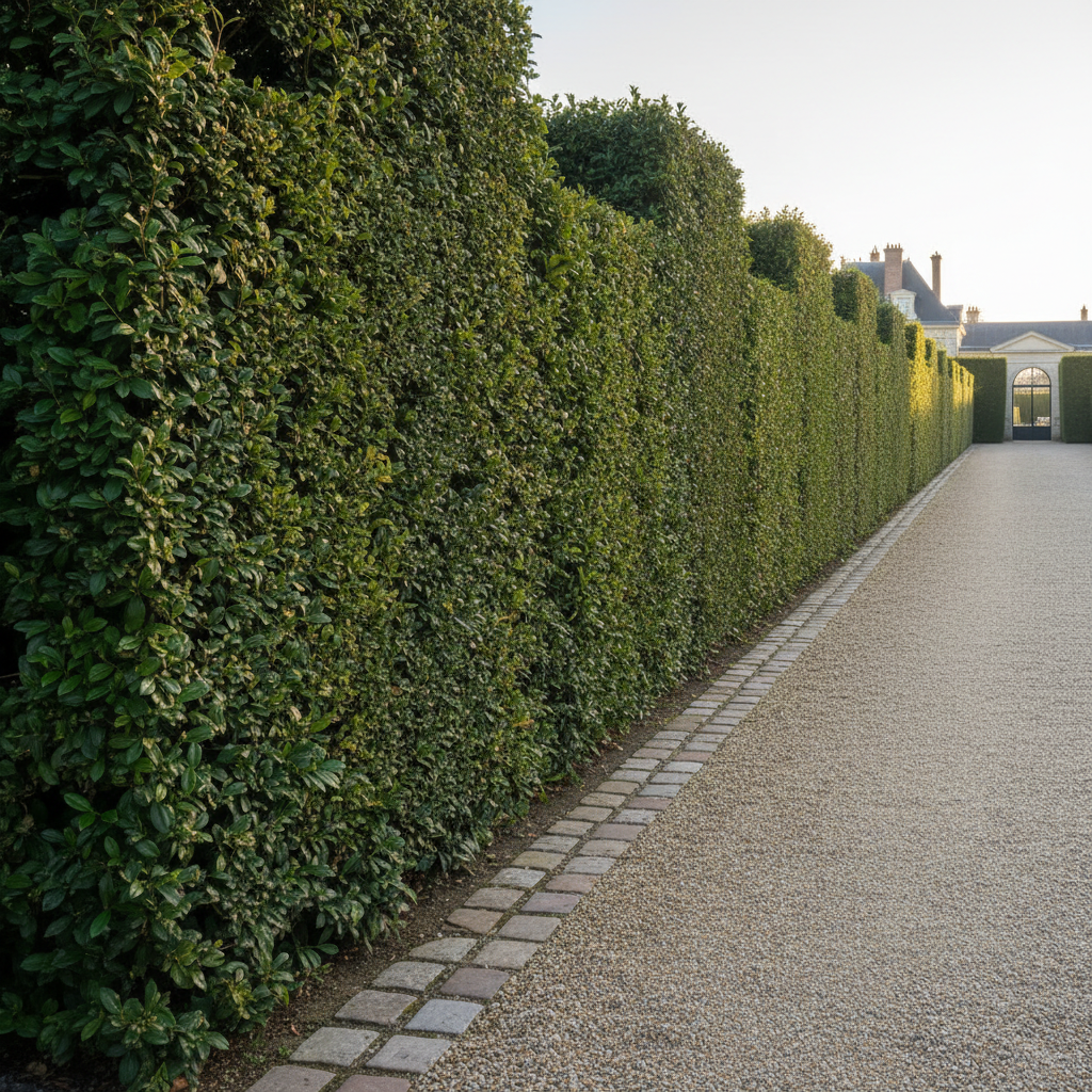 A long, residential hedgerow bordering a driveway in Versailles, the dense green foliage of laurel and boxwood trimmed into perfectly straight lines and gently rounded tops. The driveway surface, recently cleared of debris, shows a clean, even texture, with a tidy border of gravel or cobblestones along the edge. Soft morning light from one side creates subtle depth in the hedge, with small shadows inside the foliage and delicate highlights on the outer leaves. Photographic realism from an eye-level perspective down the length of the hedge, using leading lines to convey order, precision, and regular, professional maintenance of exterior spaces.