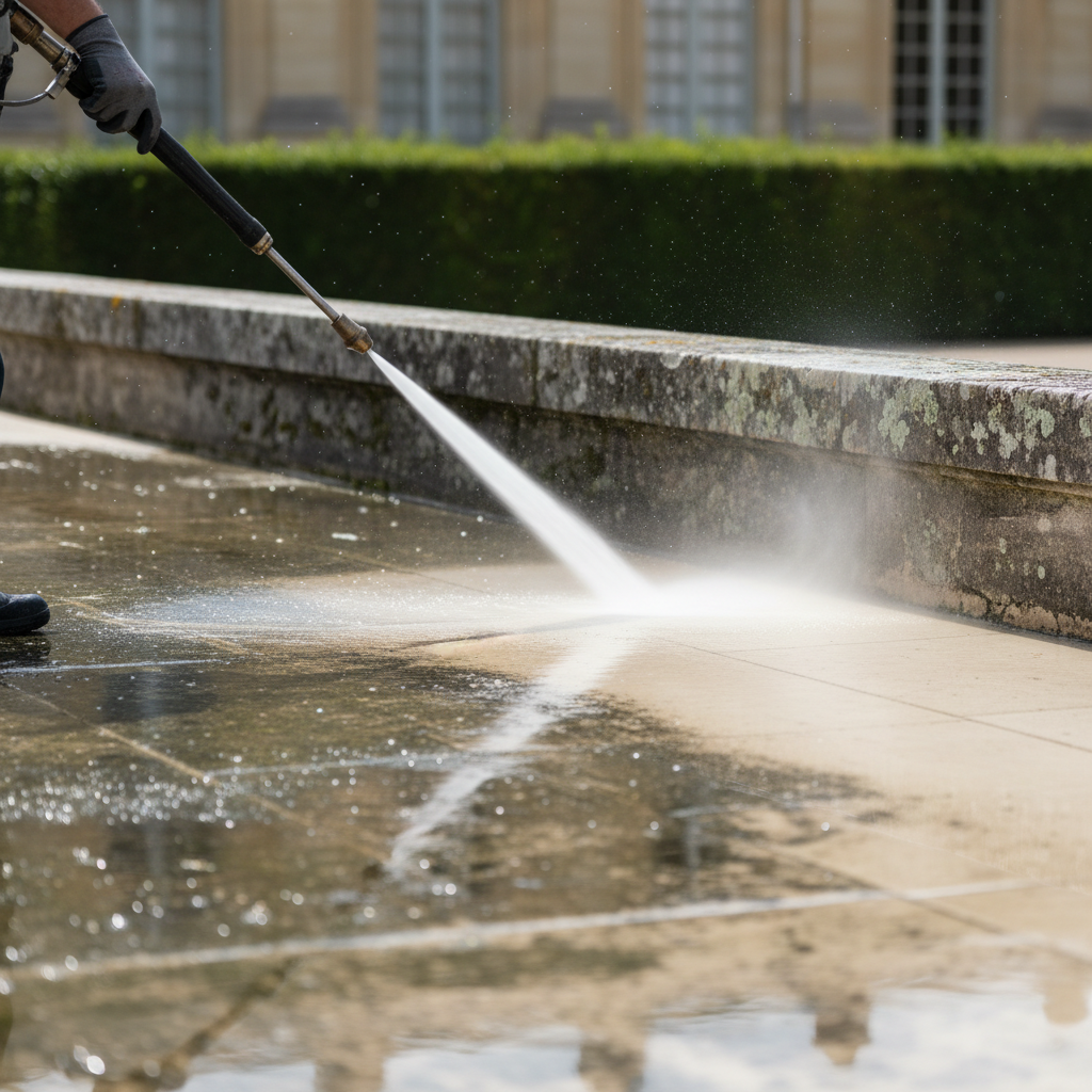 A close-up view of a high-pressure water jet cleaning an aged stone terrace in Versailles, the powerful stream stripping away dark moss and grime to reveal the pale, clean stone beneath. The terrace is bordered by a low limestone wall and a row of well-kept evergreen shrubs. Droplets of water sparkle in bright, diffused daylight, creating tiny highlights on the wet surface while subtle reflections form in small puddles. Shot at a low angle with shallow depth of field, the nozzle and the transition between dirty and clean stone are in crisp focus. The scene feels efficient, precise, and expertly controlled, with photographic realism and a clean, modern aesthetic.