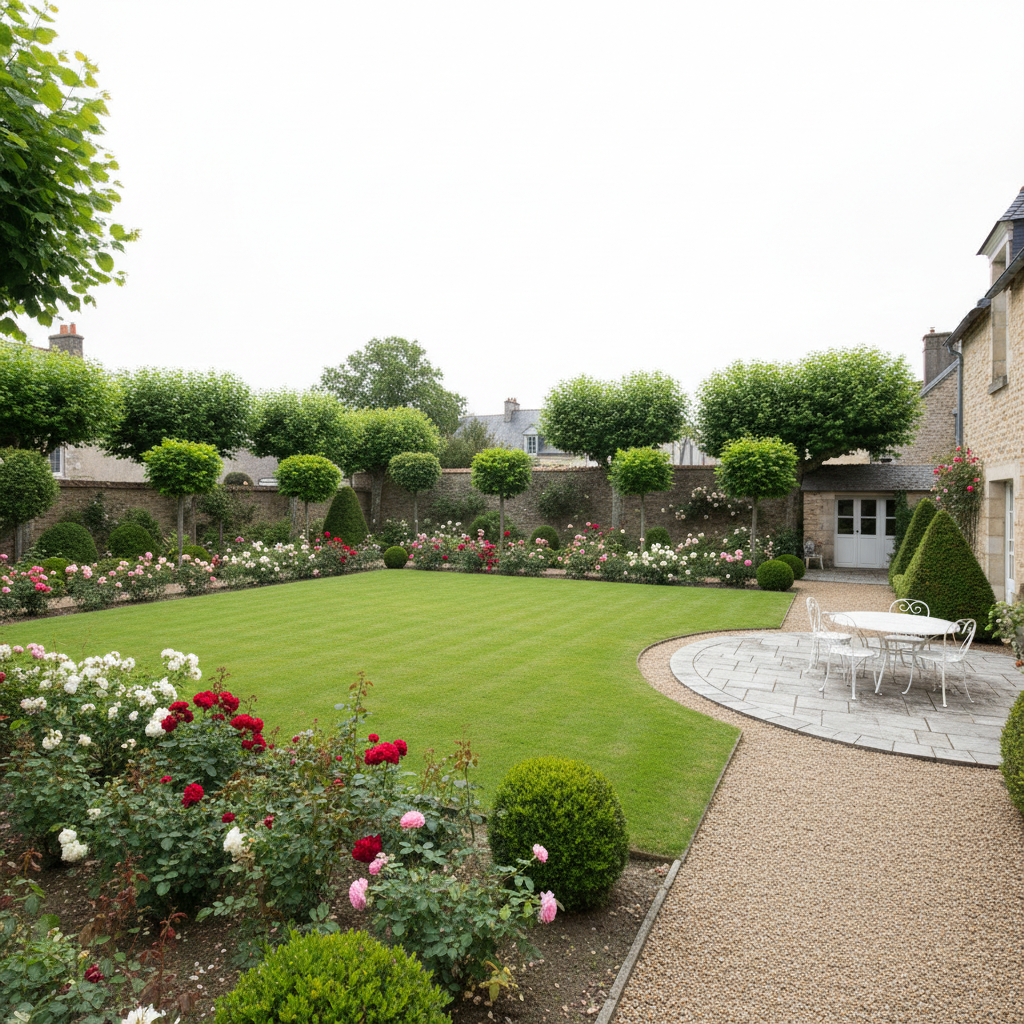 A medium-sized, traditional French garden behind a townhouse, featuring a rectangular lawn freshly cut with clear edges, rose bushes neatly pruned, and ornamental trees carefully shaped into balanced forms. A gravel path, swept free of debris, leads to a small, spotless stone terrace with outdoor furniture stacked tidily. Overcast but bright daylight provides soft, even lighting, reducing harsh shadows and enhancing the colors of foliage and flowers. Captured from a slightly elevated corner, using the rule of thirds to place the terrace and lawn, with sharp detail across the scene. The atmosphere is orderly, serene, and reassuringly professional, emphasizing comprehensive exterior upkeep.