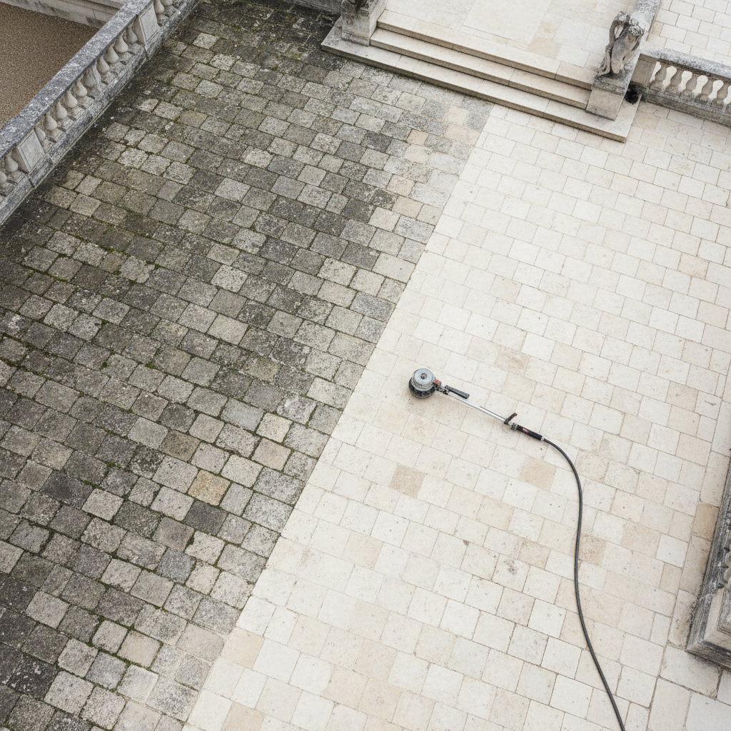A detailed top-down view of a Versailles terrace halfway through a professional cleaning session. One half of the stone pavers is darkened by years of dirt and weathering, while the other half appears bright, clean, and newly restored by high-pressure washing. The clear dividing line between dirty and clean sections forms a strong visual contrast. Around the terrace, weed-free joints, tidy borders, and swept steps emphasize thorough maintenance. Bright, indirect daylight ensures accurate color and texture representation without harsh glare. Photographic realism with sharp focus, creating a precise, demonstrative image that highlights the transformative effect of expert exterior cleaning services.