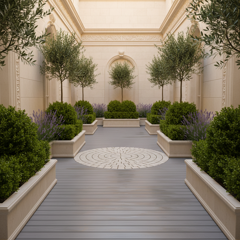 A narrow Versailles courtyard framed by cream-colored stone walls, showcasing a perfectly groomed urban outdoor space. Rectangular planters overflow with healthy, well-trimmed Mediterranean shrubs and small trees, their foliage precisely contained. The ground is covered with clean composite decking, free from stains or litter, with subtle linear patterns leading the eye toward a small, immaculate stone-paved area. Soft golden hour sunlight filters in from above, creating warm highlights on the decking and planter edges while leaving gentle shadows in the corners. Photographic realism with an eye-level perspective and balanced composition, evoking a discreet, upscale, and carefully maintained exterior environment.