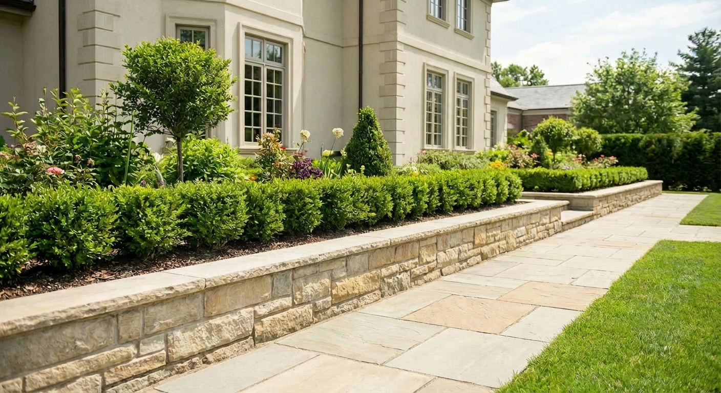 A close-up view of a high-pressure water jet cleaning an aged stone terrace in Versailles, the powerful stream stripping away dark moss and grime to reveal the pale, clean stone beneath. The terrace is bordered by a low limestone wall and a row of well-kept evergreen shrubs. Droplets of water sparkle in bright, diffused daylight, creating tiny highlights on the wet surface while subtle reflections form in small puddles. Shot at a low angle with shallow depth of field, the nozzle and the transition between dirty and clean stone are in crisp focus. The scene feels efficient, precise, and expertly controlled, with photographic realism and a clean, modern aesthetic.